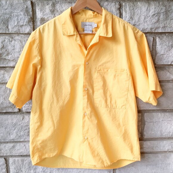 90s Calvin Klein Yellow Cotton Button Up Top - Picture 1 of 4
